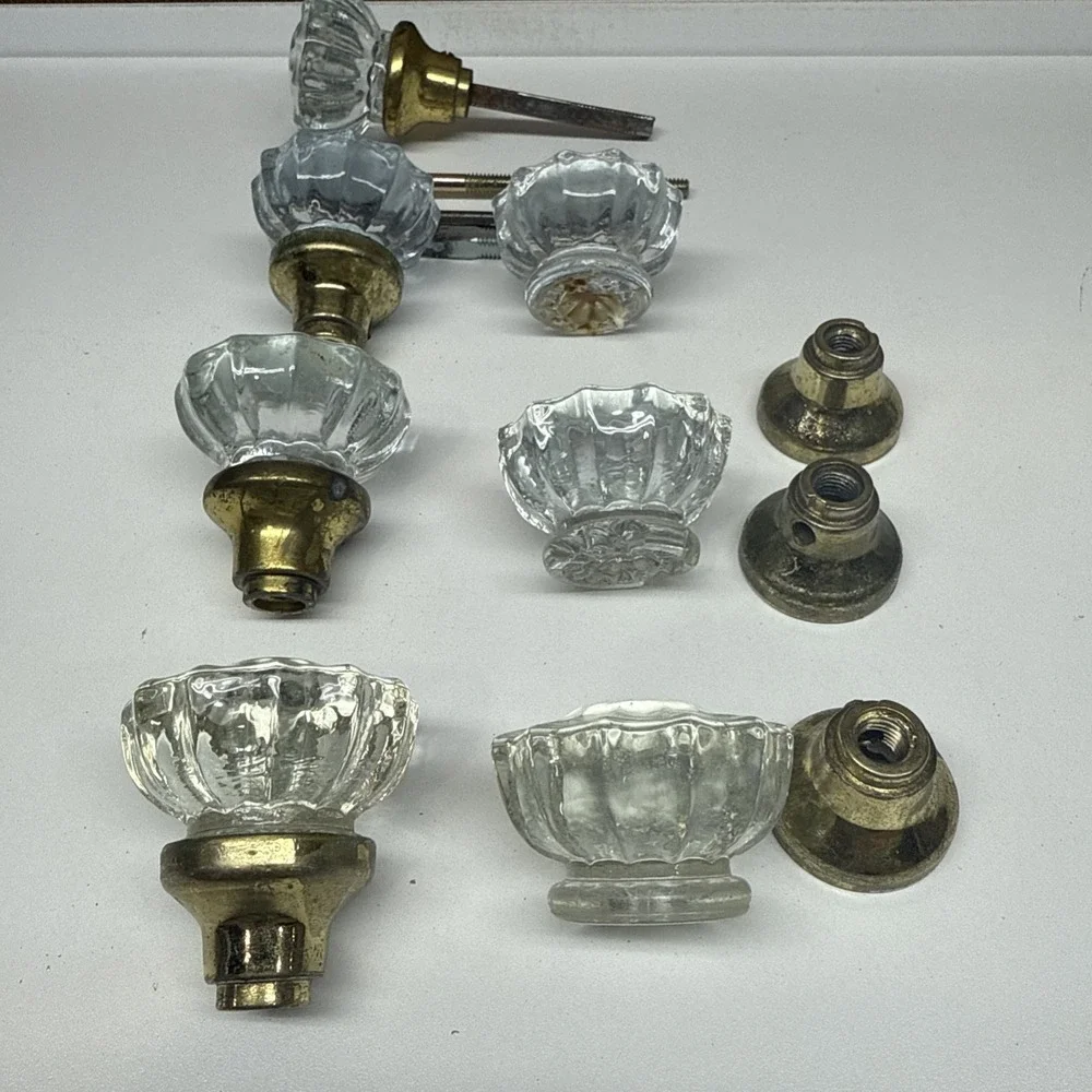 Vintage Glass Door Knob Set w/ Brass Ferrules (Barn Find, Clear Crystal Style)